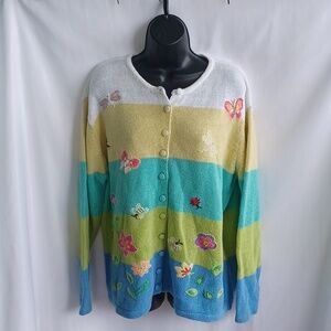Stitches in Time button front cardigan, 1X, Embroidered, Butterflies, Flowers